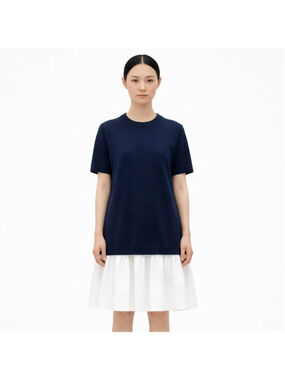 COS Navy & White Panelled Cotton Knit Dress Minimalist Style Tiered Skirt | XS–S